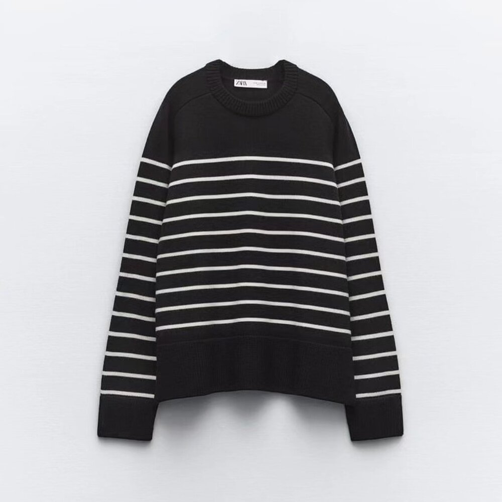 ZARA Black & White Striped Sweater | Crewneck Knit Pullover